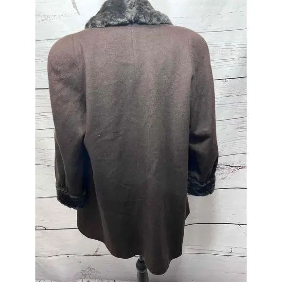 Alorna Wool Coat Brown Faux Fur Trim Shawl Collar Swing Size Large USA